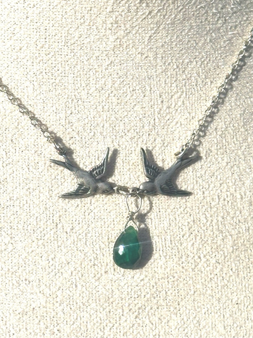 Sterling Silver Bird Pendant Necklace with Green emerald Teardrop
